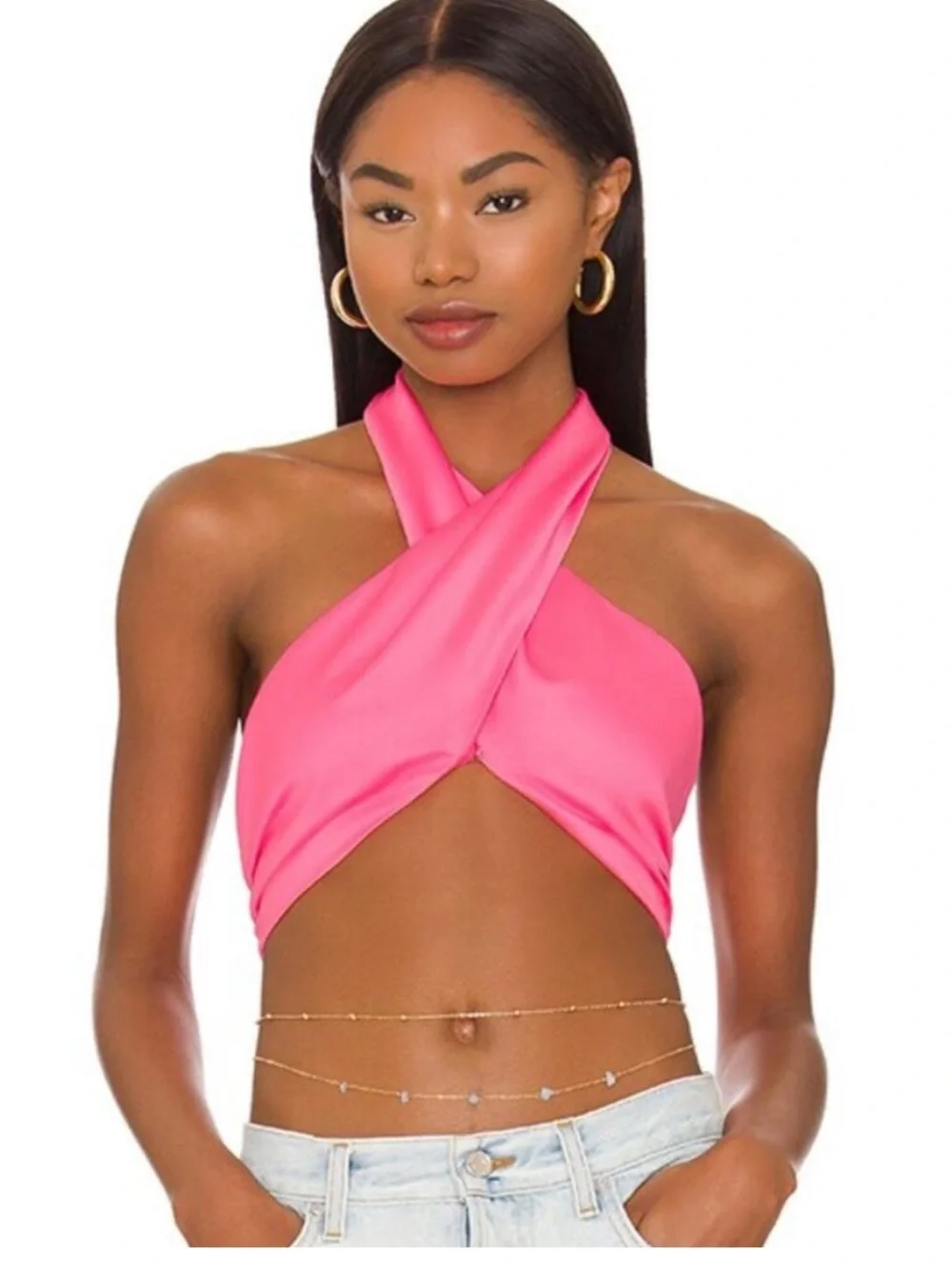 superdown Hot Pink Cross Halter Crop Top - Picture 1 of 3